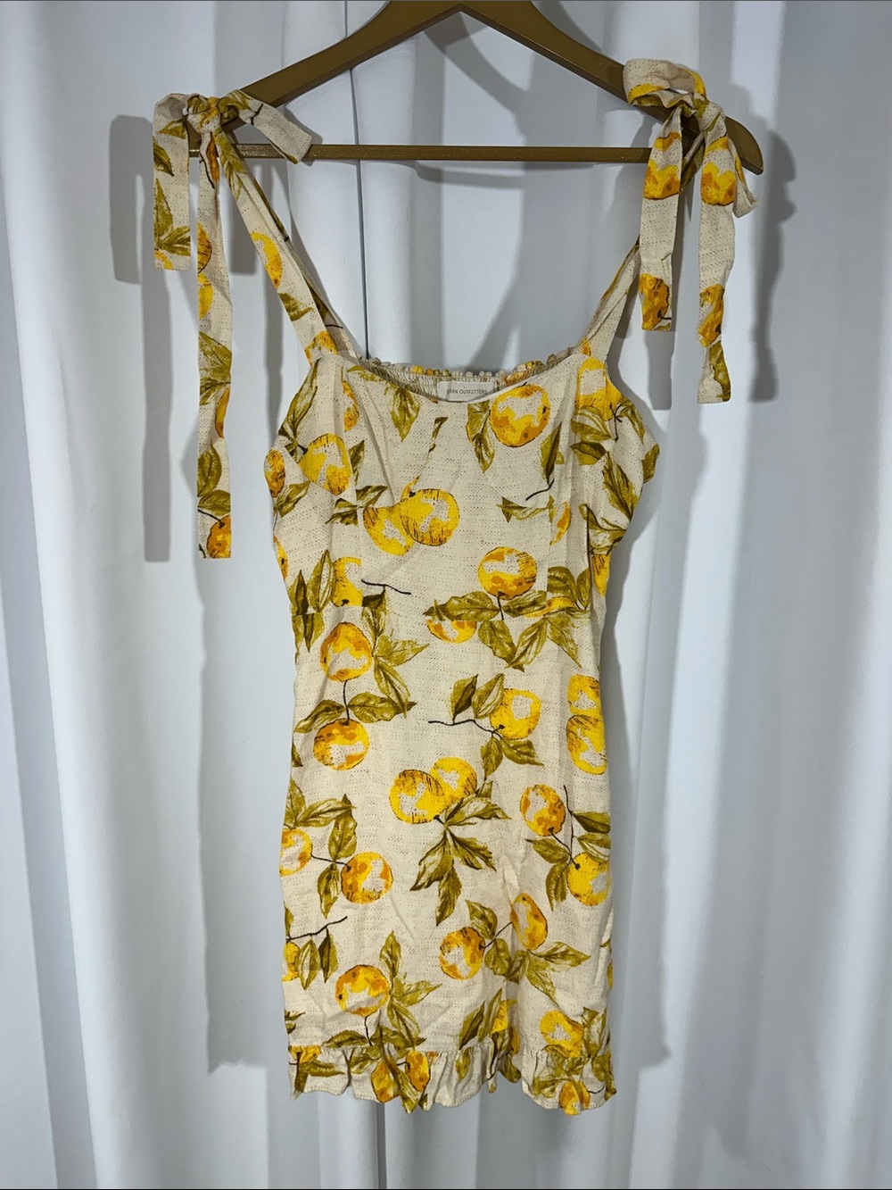Urban Outfitters Lemon Print Linen Blend Mini Dress Small Tie Shoulder Cottage
